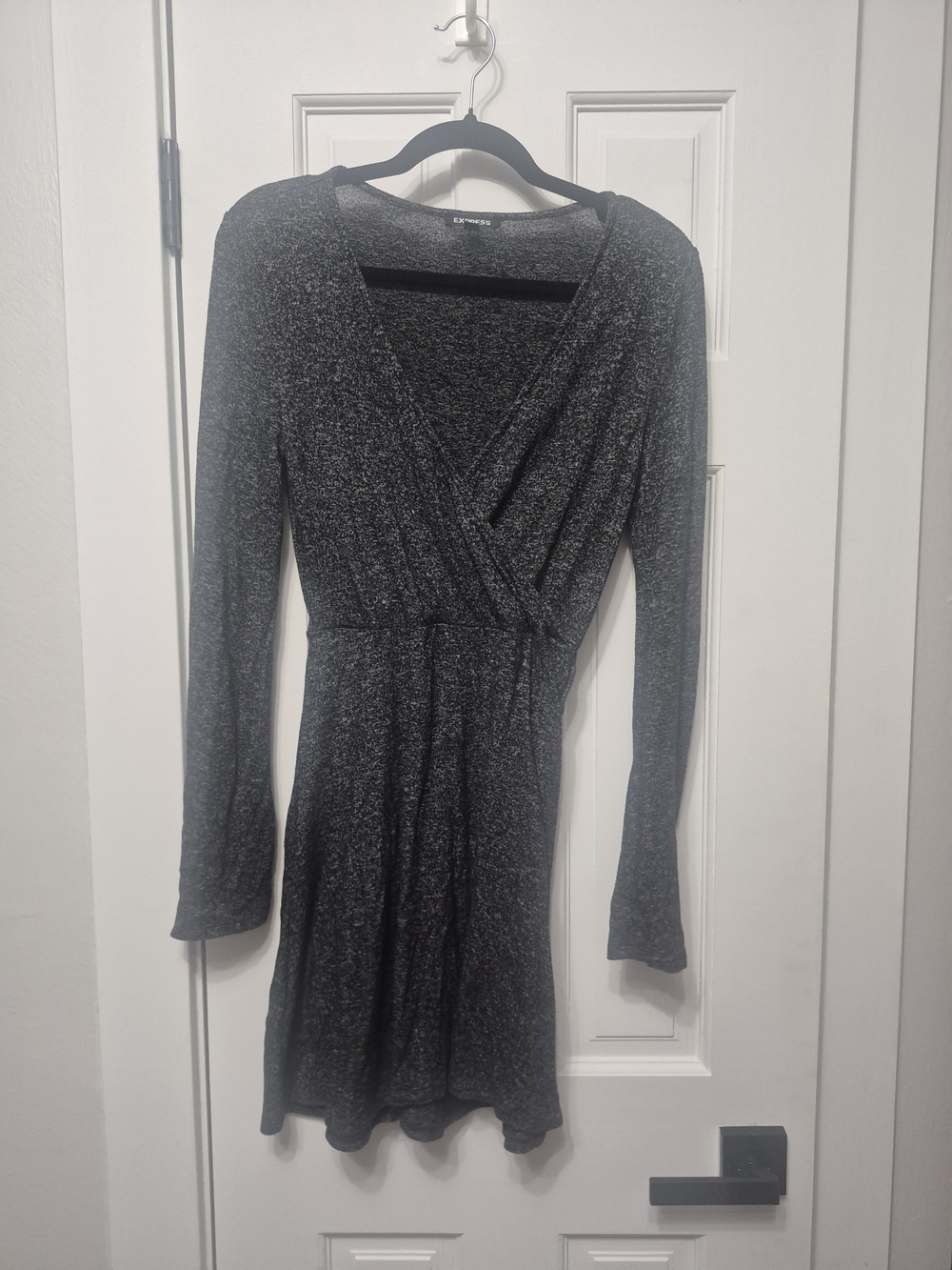 Express Charcoal Knit Faux-Wrap Long Sleeve Dress